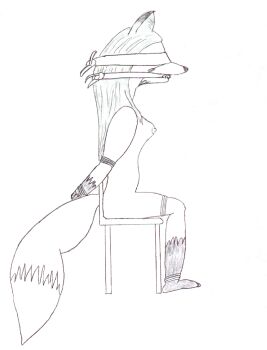 This is my second attempt at drawing a furry female in bondage, and my first in a chair-tie. It was done entirely in pencil. I was extremely dissatisfied with it, being a novice artist, and I let it be for a few weeks. One day, I started working at it again, and every time I touched it I seemed to like it a little more. Still, not a good work by any means. You can see my feeble atempt at drawing a paw with fingers, and a foot with toes. I was learning how to draw breasts and body joints a little better (thanks to P.F. Pinewood). I'm still not happy with her tail, and I had some effort in cleaning up the appearance of her ropes in Photoshop. I decided against the hourglass figure, theory being that if she's pulling against her ropes, she might show a little tummy. Her calves aren't great either. But overall, it doesn't stink as badly as it did in the beginning.
