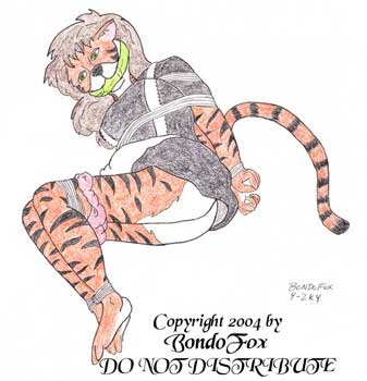 I found a picture of Kristine 'Lorelei' Imboch of BedroomBondage.Com fame that screamed to be a furry bondage picture. I'd decided on a tigress since that's one species I don't see in DiD-style bondage that often (dammit). Where Lorelei wore a duct tape gag, this one wears a cleave gag with her muzzle stuffed — she won't be saying much or going anywhere under her own power soon. Sharp-eyed fans will notice I stole — er, borrowed — a little inspiration from Tiffany Tiger of Suburban Jungle . But it's not her, honest! Medium was sketch paper, inked with felt-tipped tech pens and colored with colored pencil.